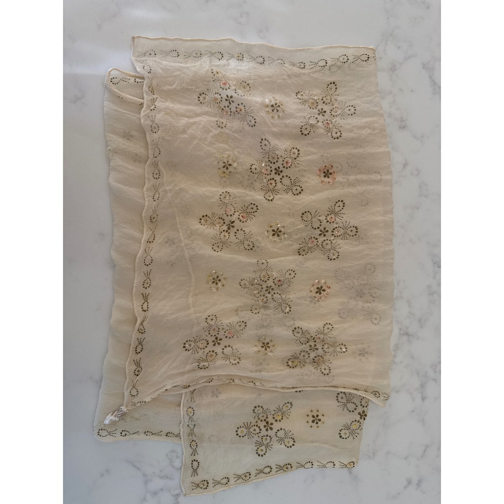 Baar & Beards Scarf Womens Cream Silk Sequin Floral Vintage Cottagecore
